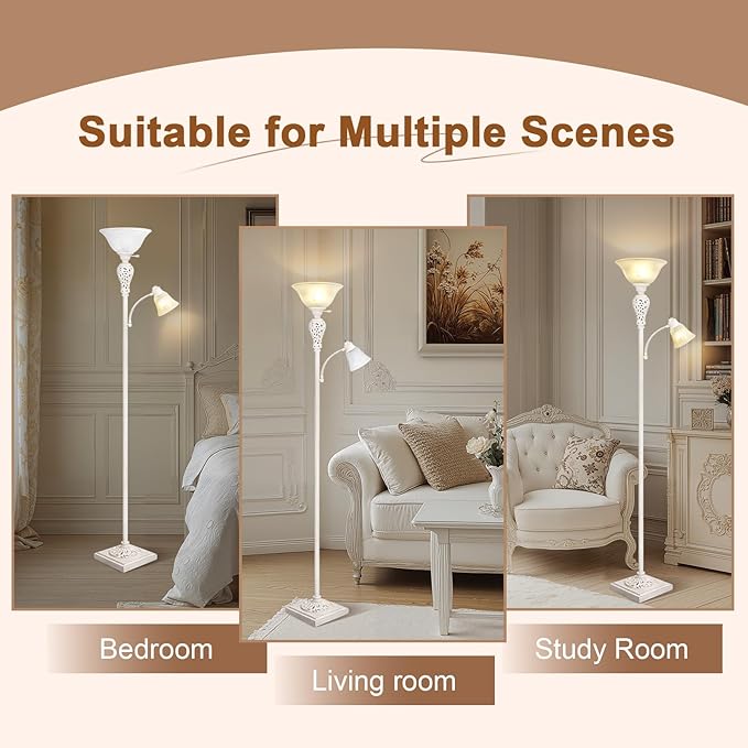 Torchiere Floor Lamp with Adjustable Reading Light, 72" Tall Vintage Lamp with White Glass Shade, Farmhouse Standing Lamp, Rustic LED Floor Lamp for Living Room Bedroom Office Corner, Bulbs Included