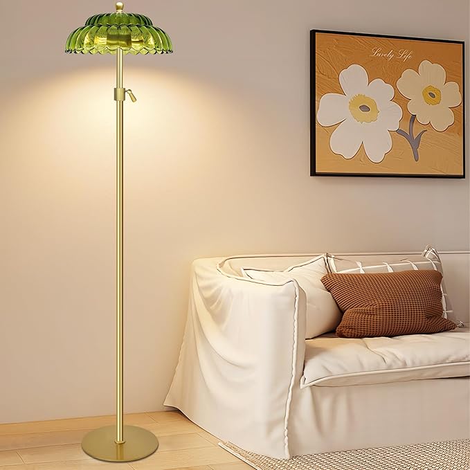 Vintage Floor Lamp with Remote Control, Gold Floor Lamp with 3 Color Temperature,Mid Century Modern Standing Lamp with Glass Lamp Shape,Brass Flower Lamp Tall Glass Floor Lamps for Living Room Bedroom