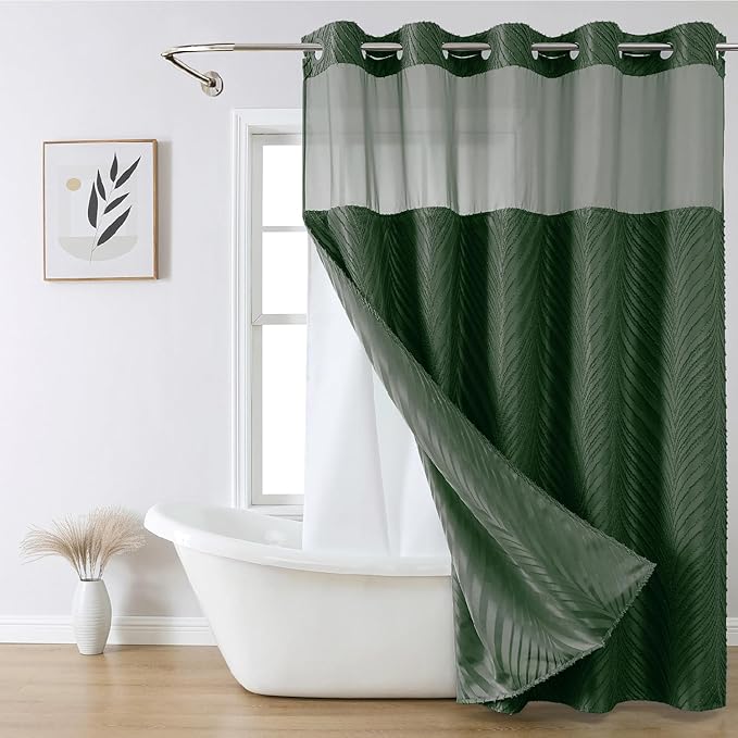 No Hook Shower Curtain and Liner Set,No Hook Tufted Striped Textured Shower Curtain with Snap in Liner Replacement and Waterproof Fabric,Boho Style with See Through Top Window,DarkGreen,71Wx77H