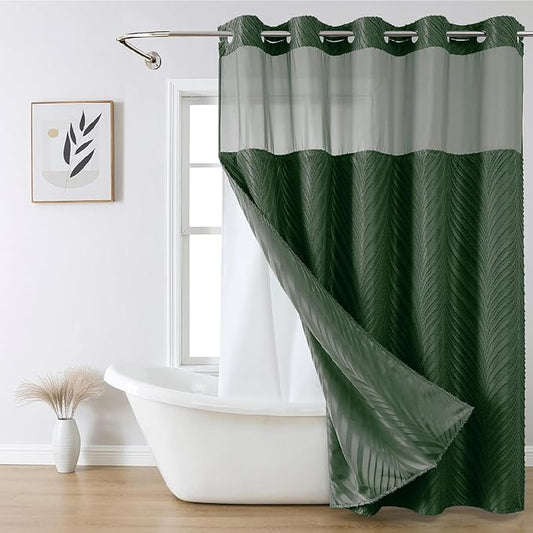 No Hook Shower Curtain and Liner Set,No Hook Tufted Striped Textured Shower Curtain with Snap in Liner Replacement and Waterproof Fabric,Boho Style with See Through Top Window,DarkGreen,71Wx77H