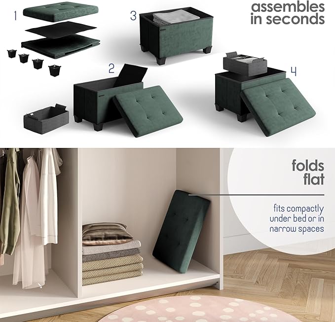 STORAGEBUD Storage Ottoman Cube with Small Bin, 16-in Square Ottoman with Storage for Living Room and Bedroom, Small Ottomans Foot Rest, Velvet Foot Stools Ottomans Max 330lbs, Green