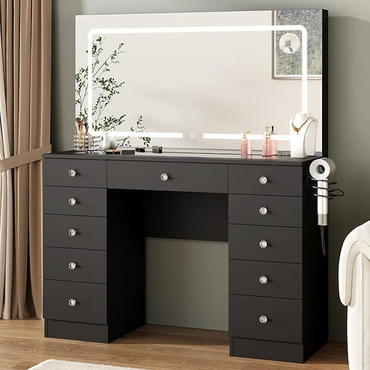 Vanity Mirror with Lights, Black Vanity with Lighted Mirror, 11 Drawers Makeup Vanity Desk with 3 Lighting Modes Adjustable Brightness, Vanity with Glass Top for Bedroom