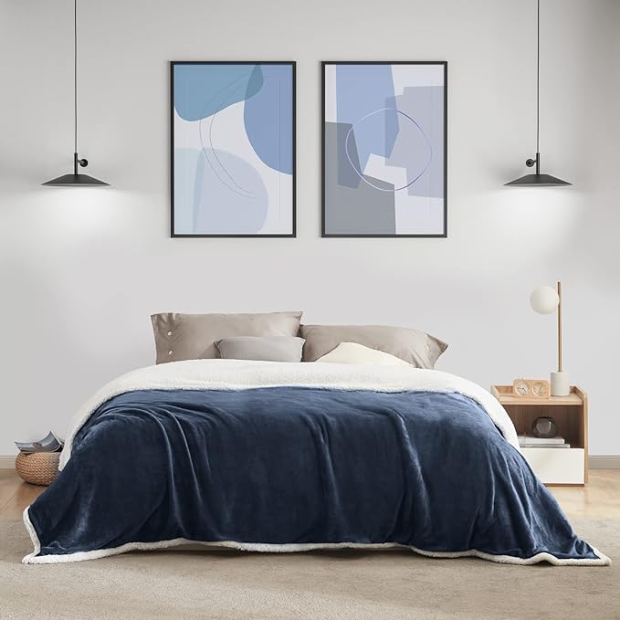 BEAUTEX Sherpa Fleece Throw Blanket Twin Size for Couch - Thick and Warm Blanket for Winter, Fluffy Flannel Plush Twin Blanket, Fuzzy Blue Cuddle Blankets for Couch Bed Sofa (60" x 80", NavyBlue)