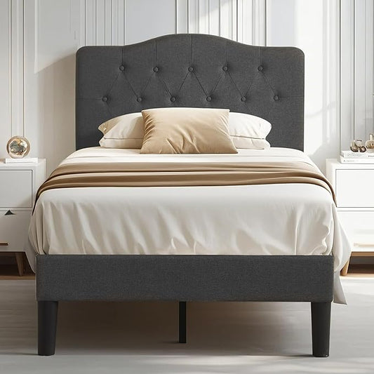 VECELO Twin Size Platform Bed Frame with Fabric Upholstered Headboard and Wooden Slats Support, No Box Spring Needed/Easy Assembly,Grey