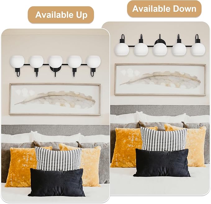 5-Lights Black Bathroom Light Fixture Over Mirror, Modern Milk White Globe Glass Wall Mounted Vanity Lighting E26 Socket for Living Room Kitchen Workshop