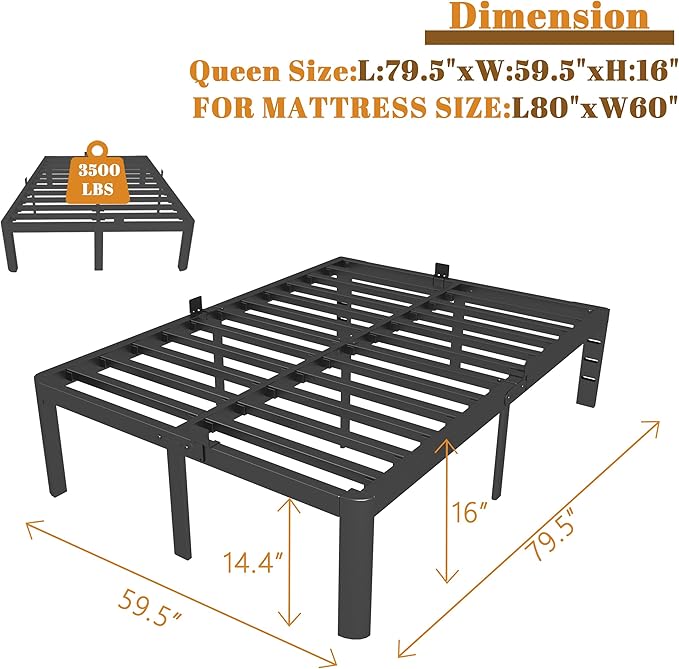 16 Inch Bed Frame Queen Size with Metal Gaskets, Black Queen Platform Bed Frame No Box Spring Needed, Heavy Duty Steel Support, Round Corner Design, Storage Space, Noiseless, Easy Assembly