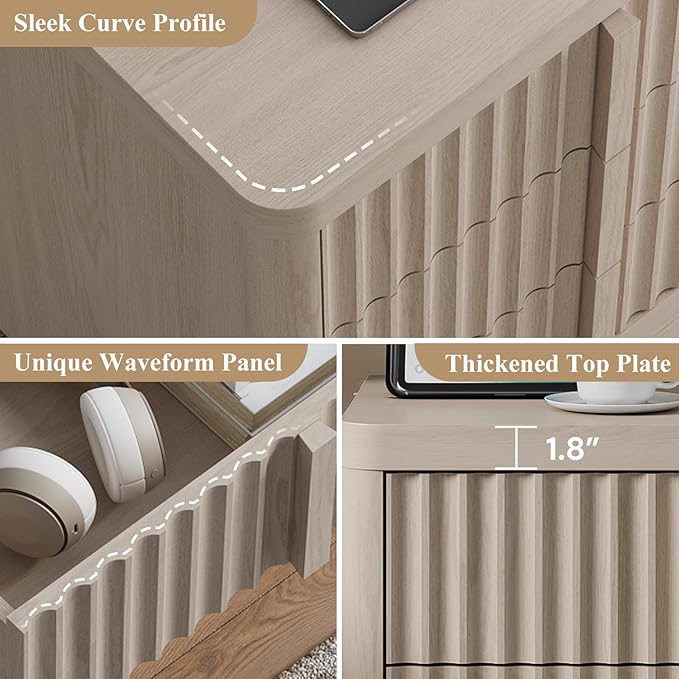 Fluted Night Stand with Charging Station, 23.6" Nightstand with Solid Wood Handle, Mid Century Modern Bedside Table End Table 3 Drawer Dresser for Bedroom, Living Room, Natural Oak