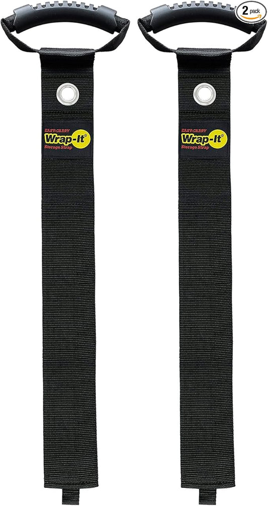 Easy-Carry Wrap-It Storage Straps - 48” (2-Pack) Black with Grommet - Garden Hose Caddy and Cord Wrap for Indoor and Outdoor Cable Organizing