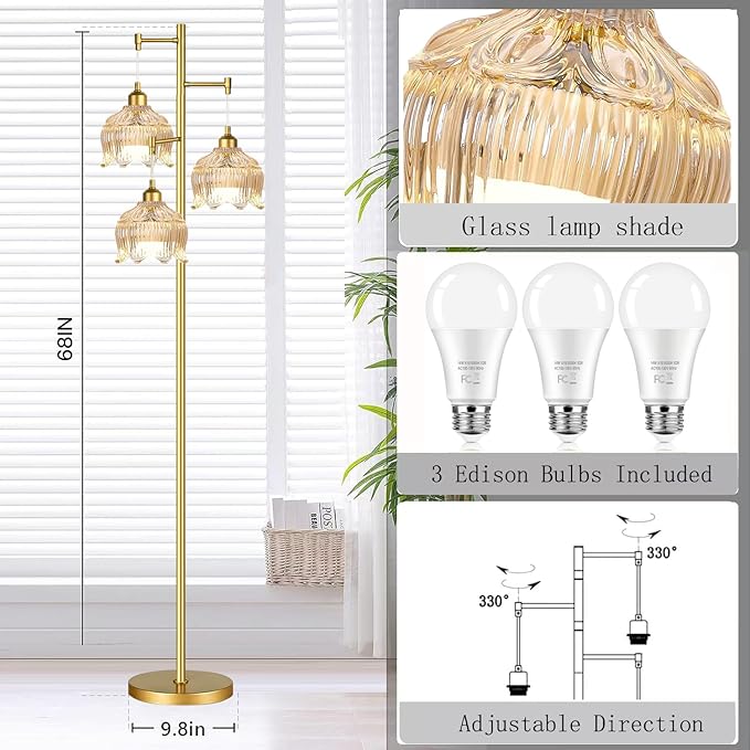 Gold Floor Lamps for Living Room Bedroom-3 Light Glass Floor Lamp with Three Led Bulb,Mid Century Standing Lamp Vintage Brass Tall Lamp Tree Floor Lamp for Bedroom Corner