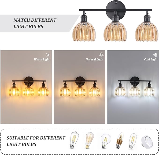 Bathroom Light Fixtures, 3-Light Black Vanity Wall Light Over Mirror with Amber Tulip Glass Shade for Bedroom Living Room