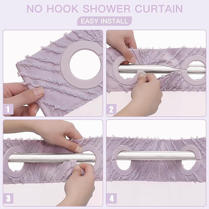 No Hook Extra Long Shower Curtain Set with Snap-in Liner, 86 inch XL Boho Purple Fabric Shower Curtains for Modern Bathroom Decor, Hotel Style Shower Curtain with See Through Top Window