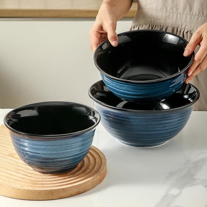 HASENSE Mixing Bowls, Ceramic Serving Bowls Set for Cooking, Baking, Prepping, Large Nesting Bowls for Salads, Fruit, Popcorn, 2.1/1.5/1.0 Qt, Dishwasher & Microwave Safe, Blue