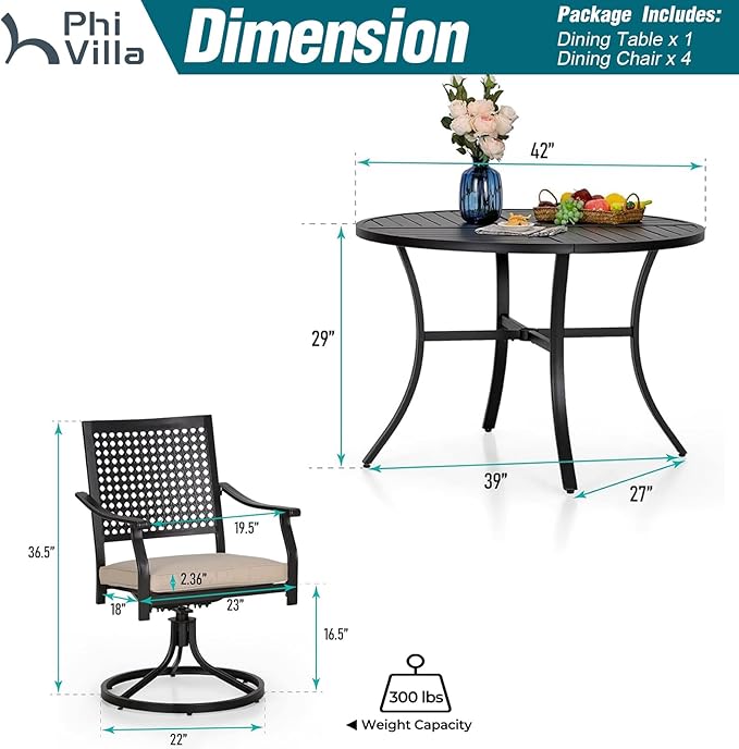 PHI VILLA Outdoor Modern Round Dining Table Set for 4 with Swivel Chairs, Patio Furniture Set of 5, Metal Circle Table with Umbrella Hole & Wrought Iron Chairs with Cushion Backyard