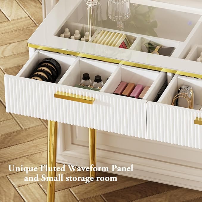 47.24" Big Modern Vanity Desk with Mirror and Lights,Makeup Vanity Desk with 5 Drawers and Storage Shelves & Power Outlet,Dressing Table with Glass Top, White