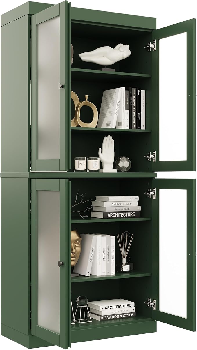 Palace Imports Solid Wood Bookcase w/Frosted Glass Doors & Adjustable Shelves for Living Room - 6-Tier Tall Bookshelf, 71.5" H x 32” W - Green, 100% Renewable Eco-Friendly Wood, Made in Brazil