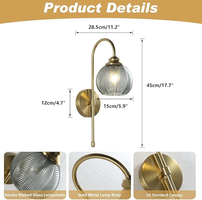 KCO Lighting Brushed Gold Wall Sconce Set of Two Vintage Smoked Glass Wall Lights Mid Century Bathroom Light Sconces Set of 2 Modern Globe Wall Sconce Long Arc Wall Light