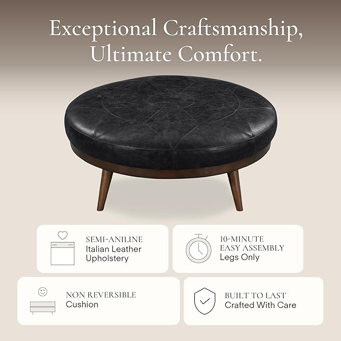 Poly & Bark Gio Ottoman – 30” Round with Feather-Down Topper – Full-Grain Leather Upholstery – Couch Ottoman for Living Room – Italian Leather in Onyx Black
