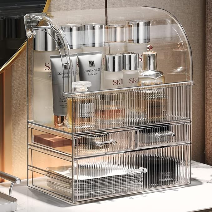 MOOCHI Clear Stripes Pattern Professional Large Cosmetic Makeup Organizer Dust Water Proof Cosmetics Storage Display Case with Drawers