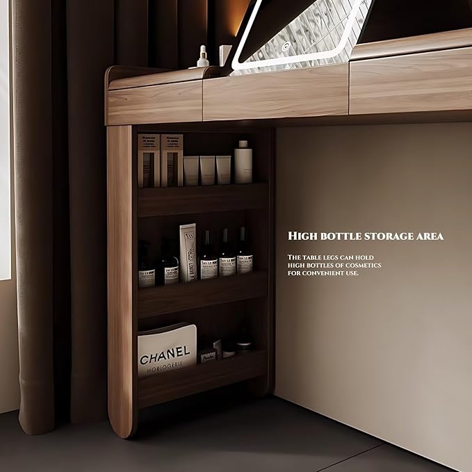 Mid Century Makeup Vanity - Solid Wood Vanity Set with Adjustable Makeup Stool and 5 Drawers, Storage Table Leg, Dressing Table Include Flip Makeup Mirror for Bedroom (Walnut Color,39'')