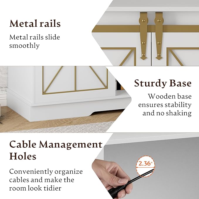 Farmhouse TV Stand for 55 60 65 Inch TV, Mid Century Modern TV Cabinet with Storage and Sliding Barn Doors, Easy Assembly, Entertainment Center Console Table for Bedroom Living Room-White