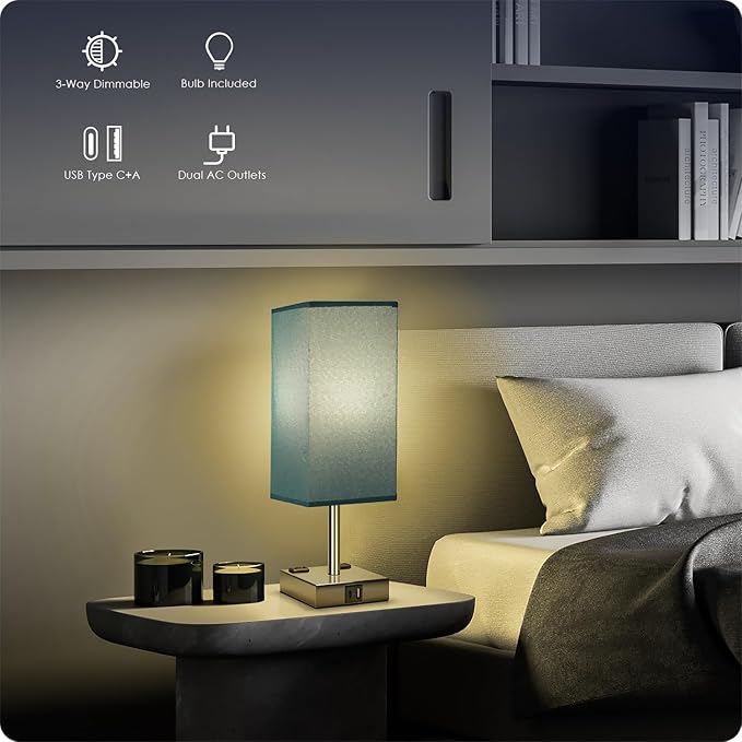 Bedside Lamp with USB Ports - Touch Control Table Lamp for Bedroom with USB C+A Charging Ports & AC Outlets, 3 Way Dimmable Nightstand Light with Flaxen Shade for Living Room (LED Bulb Included, Blue)