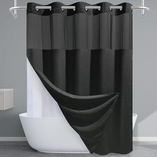 Long No Hook Shower Curtain with Snap in Liner,230GSM Waffle Weave Shower Curtains for Bathroom,71W x 80H(78"),Black