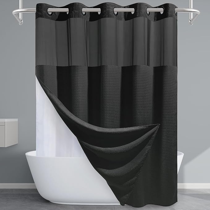 Long No Hook Shower Curtain with Snap in Liner,230GSM Waffle Weave Shower Curtains for Bathroom,71W x 77H(75"),Black