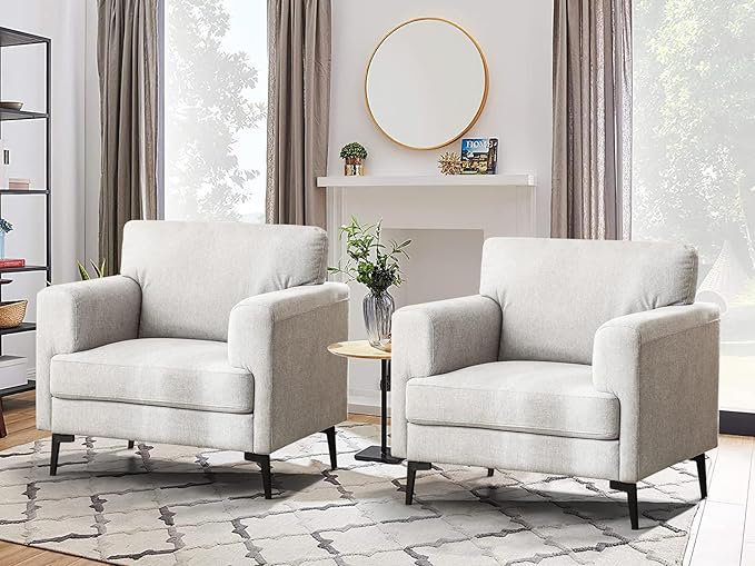 CDCASA Accent Chair, Linen Fabric Oversized Mid Century Modern Chair Set of 2, Comfy Upholstered Armchair Reading Accent Chairs Sofa Chairs for Bedroom Living Room, Light Gray