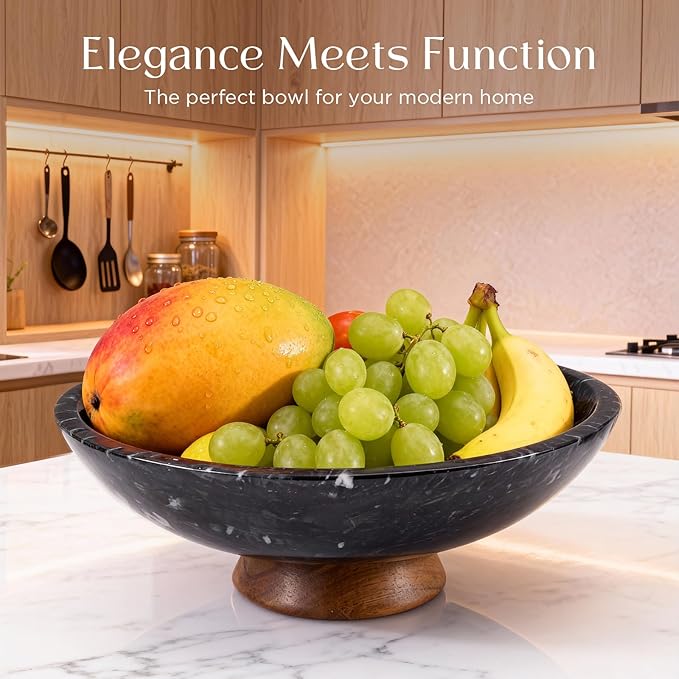 Black Marble Fruit Bowl with Acacia Wood Pedestal, Large Decorative Footed Bowl, Natural Stone Centerpiece for Kitchen Counter, Entryway, Keys, Dining Table, House Warming Gifts New Home(11Inch)
