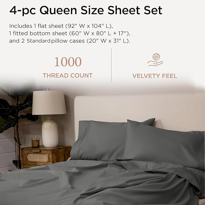 Threadmill Certified 100% American Supima Cotton Sheets, Queen Sheet Set, 1000 Thread Count, 4 Piece Luxury Bedding Set, Hotel Quality Sateen Weave, Dark Grey BedSheets with Elasticized Deep Pocket