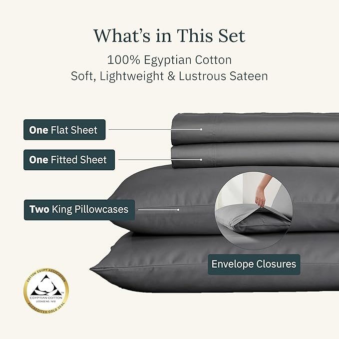 California Design Den Certified Luxury 100% Egyptian Cotton Sheets California King Size Set - Soft Sateen, Deep Pockets, Cool and Durable Bedding Sheets & Pillowcases Set - Grey