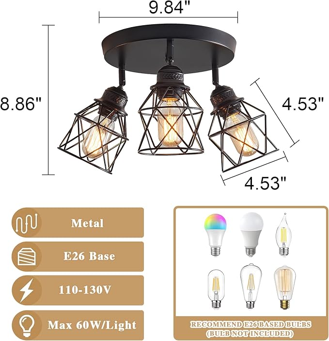 Kitchen Light Fixtures, Adjustable Semi Flush Mount Ceiling Light with E26 Base, Multi-Directional Lamp for Kitchen, Hallway, Dining Room, Farmhouse, Entryway