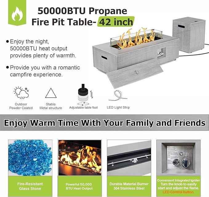 2-Piece 42" LED Rectangular Propane Fire Pit for Outside Patio with Hidden Tank Table, 50,000 BTU Fireplaces with Glass Wind Guard, Lid, Glass Rocks, Cover(Light Grey w/Warm Light)