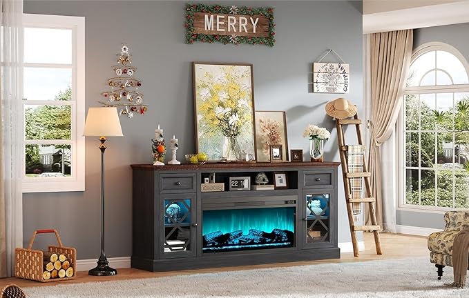 AMERLIFE Farmhouse Fireplace TV Stand with 37" Fireplace, 70" Large LED Media Entertainment Center for 80" TVs, 31" Tall Highboy TV Console Cabinet with Diamond Door for Living Room, Espresso+Gray
