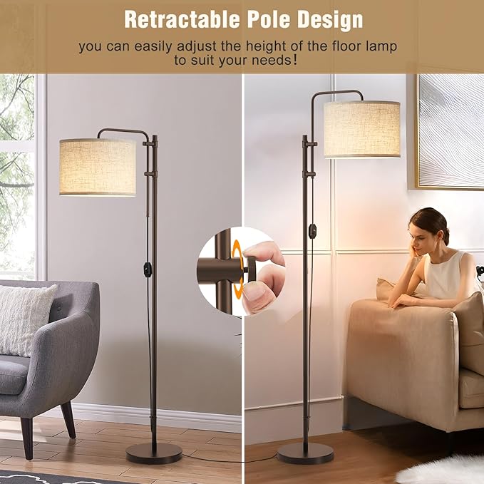 Floor Lamp for Living Room, Adjustable Height Standing Lamps with 350° Rotate Linen Lampshade, 67.5-Inch Brown Modern Tall Lamp Dimmable Floor Lamps for Corner Bedroom Home Office (Bulb Included)