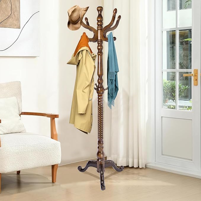Wood Coat Rack Freestanding, Natural Coats Tree Stand with 11 Hooks, 74.8" Sturdy and Easy Assembly Coat Rack Stand for Entryway, Hallway, Bedroom, Bags, Hats (Tri-legged Base, Walnut)