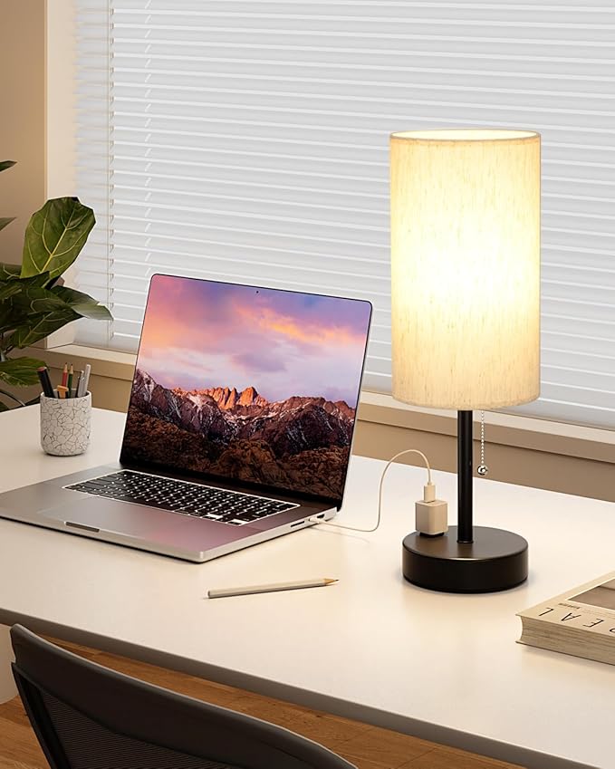 Plus Bedside Table Lamps Set of 2-3 Color Temperatures Pull Chain Lamp with AC Outlet Charging Port, Round Night Stand Lamps for Bedroom Guest Room Office, Bed Side Light with E26 LED Bulbs