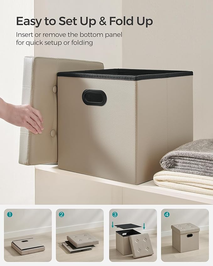 SONGMICS Mazie Collection - 15 Inches Ottoman with Storage, Footstool, Storage Ottoman with Metal Handles, Load 660 lb, for Dorm, Living Room, Bedroom, Synthetic Leather, Camel Brown ULSF030K03