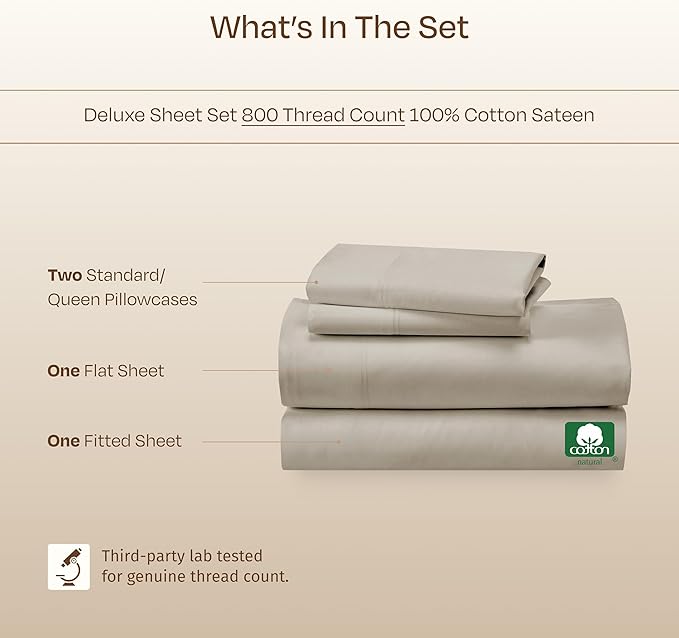 California Design Den Luxury Queen Sheet Set - 800 Thread Count, 100% Cotton Sateen for Queen Size Bed - Bedding Set with Deep Pockets, Cooling & Softer Than Egyptian Cotton Bedsheets (Beige)