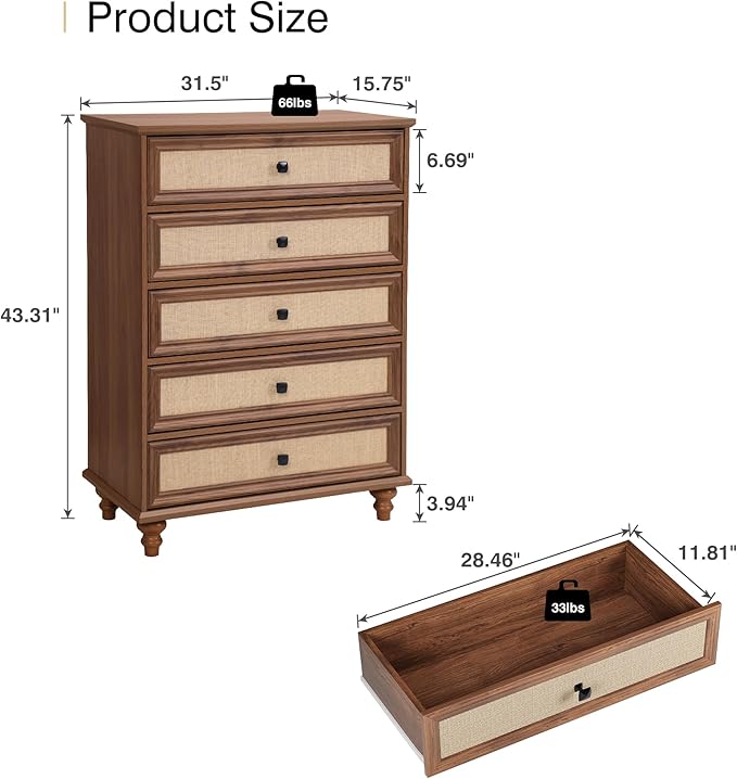 ORRD 5 Drawer Dresser for Bedroom, Mid Century Modern Wide Wood Rustic Chest of Drawers Wooden Storage Organizer Dressers with Burlap Rattan Drawers for Living Room, Hallway Closet, Entryway, Walnut