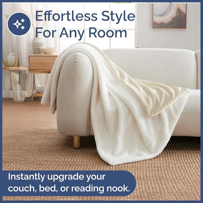 Sherpa Fleece Blanket Twin Size - Reversible Sherpa Fleece Twin Blanket - Super Soft Double Sided for Bed, Sofa, Couch - Thick, Warm, Fuzzy and Plush - Luxurious Bedding for Winter - Ivory, 60" x 80"