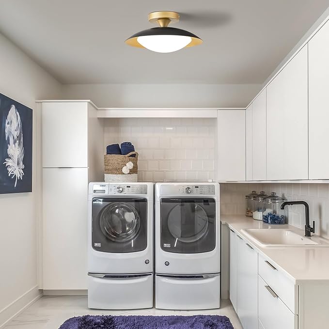 Dimmable Small Mid Century Modern Flush Mount Ceiling Light with Acrylic Shade,Black and Gold LED Ceiling Lights,5CCT 2700K-6000K Light Fxiture for Hallway Entryway Bedroom Kitchen Laundry Room 11.8in