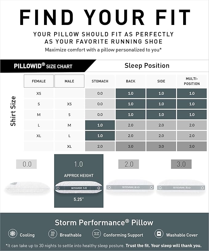 Bedgear Storm Performance Pillow – 1.0 - Cooling Bed Pillow for Hot Sleepers - Medium Firmness Pillow for All Sleep Positions, Washable & Removable Cover - 20" W x 26" L x 5.25" H