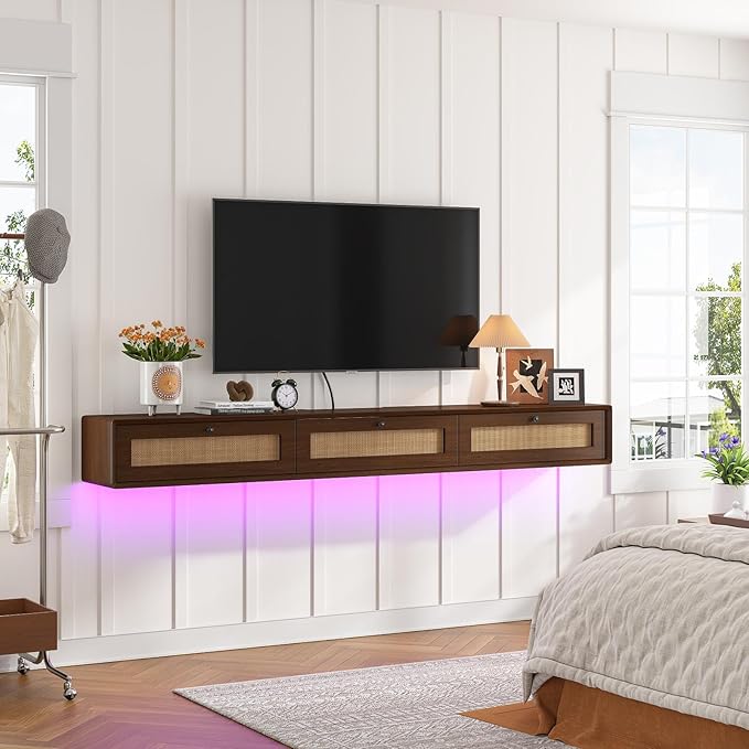 Fully-Assembled Floating TV Stand with 3 Rattan Doors, Rustic Floating Entertainment Center Under TV Shelf, Modern Large Storage Wall Mounted Media Console for Living Room Bedroom 55IN