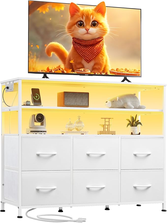 WLIVE White TV Stand for 40, 45 inch TV, Entertainment Center with LED Lights & Charging Station, TV Media Console Table with 6 Fabric Drawers and Open Shelves for Living Room, Hallway, Wood Top