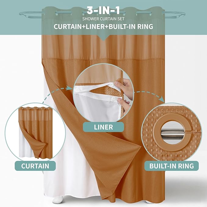 BurntOrange Extra Long No Hook Waffle Weave Shower Curtain with snap-in Liner Replacement, 230GSM Waterproof Fabric Hotel Shower Curtain Set for Bathroom, Through Mesh Top Window,71Wx86H