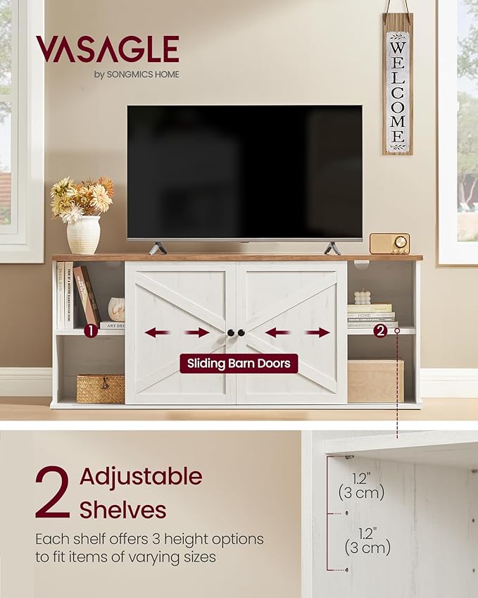 VASAGLE Farmhouse TV Stand for TVs up to 65 Inches, Entertainment Center with Storage Cabinets and Sliding Barn Doors, Media Console Table for Living Room, Rustic White and Honey Brown ULTV535W01
