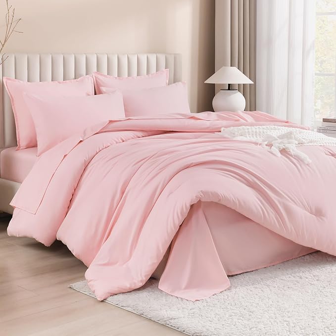Litanika Queen Comforter Set Pink - 7 Pieces Bed in a Bag Queen Bedding Comforter Sets, Solid Lightweight Bed Set with Comforter, Sheets, Pillowcases & Shams