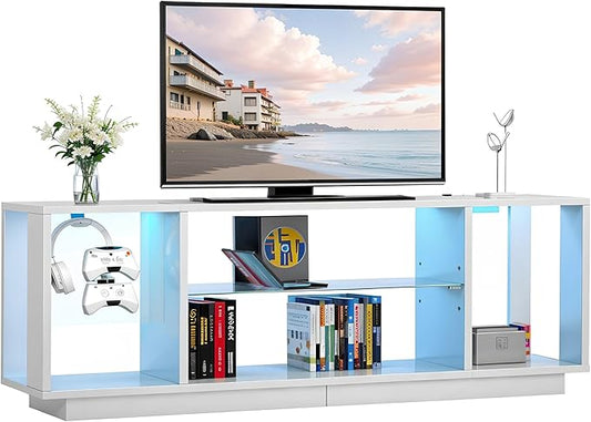 DlandHome LED TV Stand for TVs up to 60inch, Entertainment Center with Open Storage Shelves, TV Media Console Table for Bedroom, Living Room, White