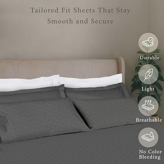 Threadmill 500 Thread Count Full Size 4 Pc Luxury Cotton Sheet Set, Jacquard Floria Dark Grey, Silky Smooth Sheets with 16" Elasticized Deep Pocket, 2 Pillowcases & Free Tote Bag